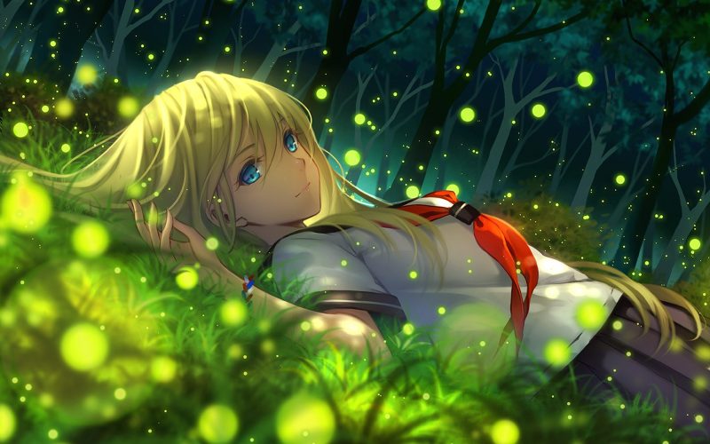 Ảnh nền anime girl tắm mình dưới ánh sáng trong rừng