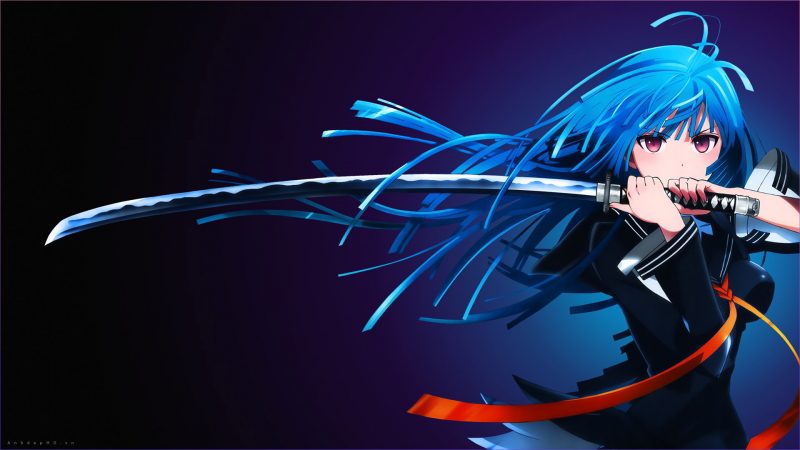 Ảnh nền anime girl tóc xanh cầm kiếm