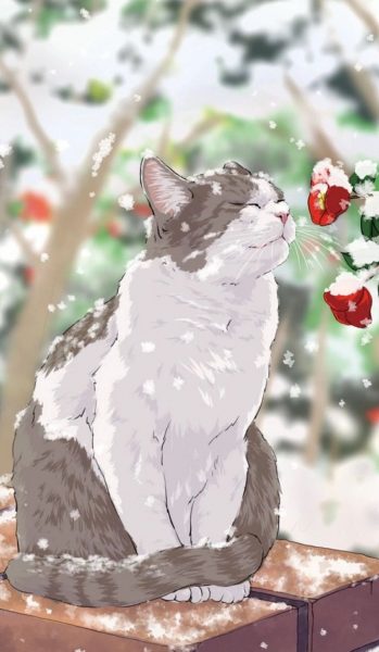 Ảnh nền anime mèo tắm tuyết trắng