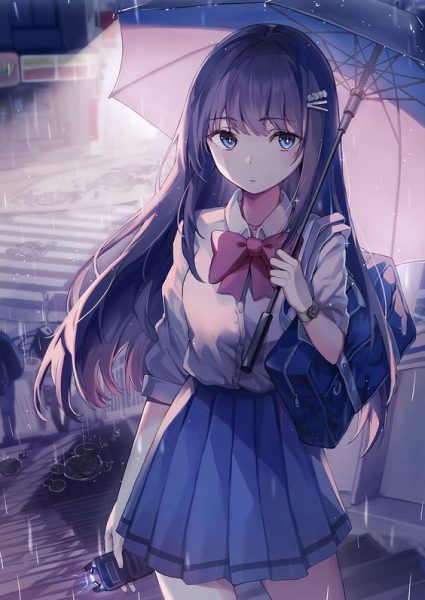 Anime girl học sinh cầm ô dưới mưa