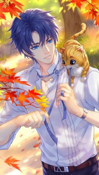 Hình ảnh anime nam đẹp trai và chú mèo dễ thương