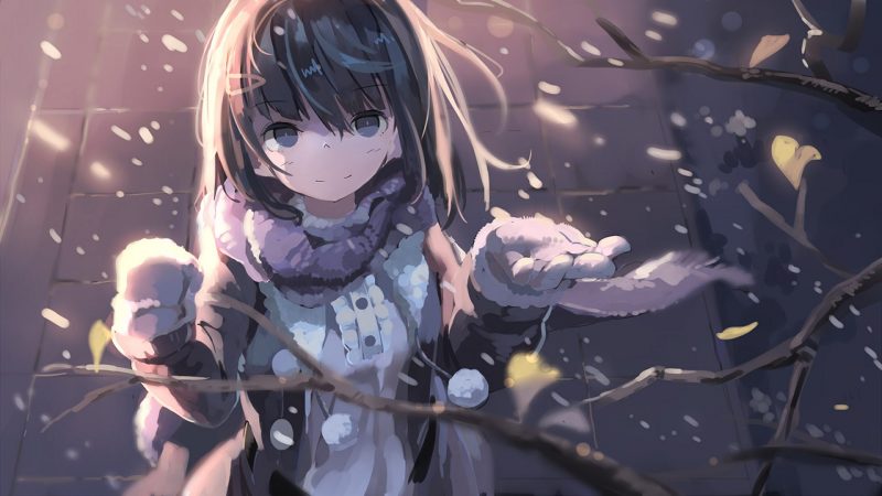 Hình nền anime girl mùa đông tuyết rơi Full-HD cho máy tính