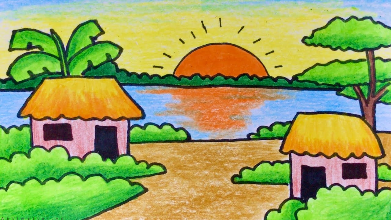Tranh vẽ quê hương cánh đồng lúa mùa gặt của học sinh  Tranh Phong cảnh  Cánh