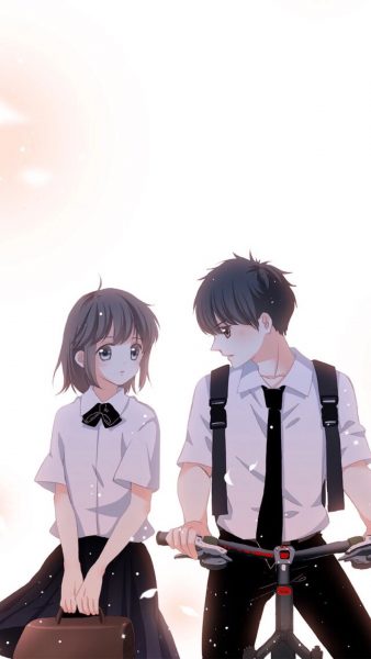 ảnh anime đôi nam đi xe đạp nhìn nữ