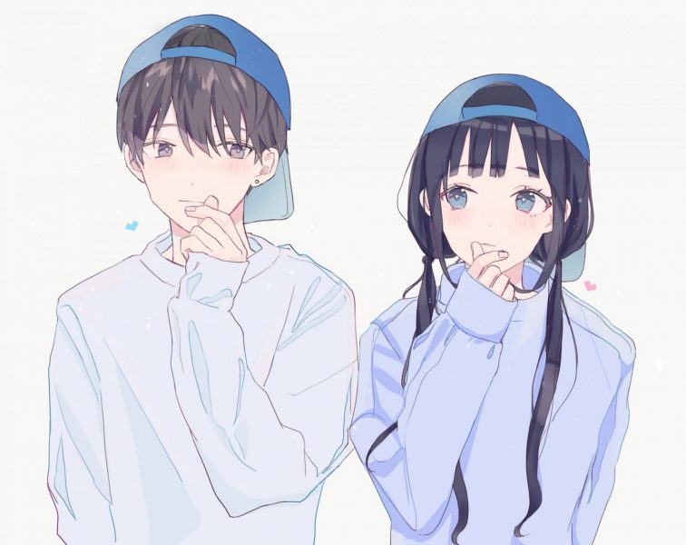 ảnh anime đôi nam nữ đội mũ lưỡi trai xanh