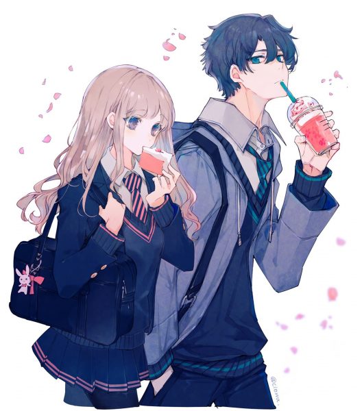 ảnh anime đôi nam nữ uống nước ép dưa hấu