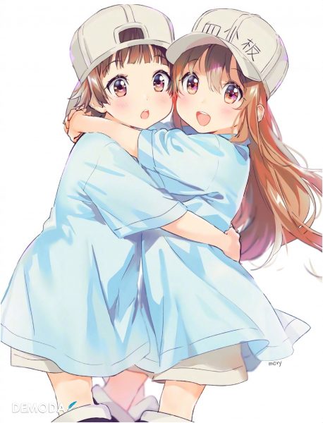 ảnh anime đôi nữ áo xanh ôm nhau