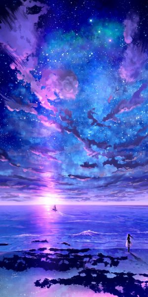 ảnh anime galaxy biển và bầu trời