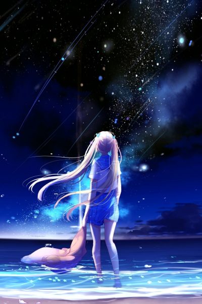 ảnh anime galaxy cô gái đứng thẫn thờ ở biển
