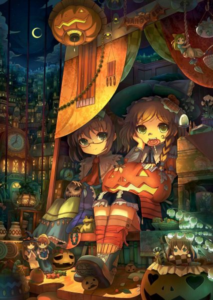 ảnh Anime Halloween 2 bé gái ôm quả bí ngô