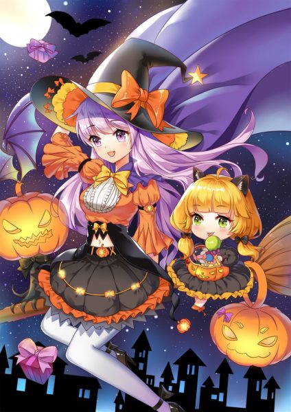 ảnh Anime Halloween 2 cô gái bay dưới ánh trăng