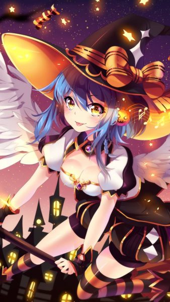 ảnh Anime Halloween girl phù thủy cưỡi chổi bay