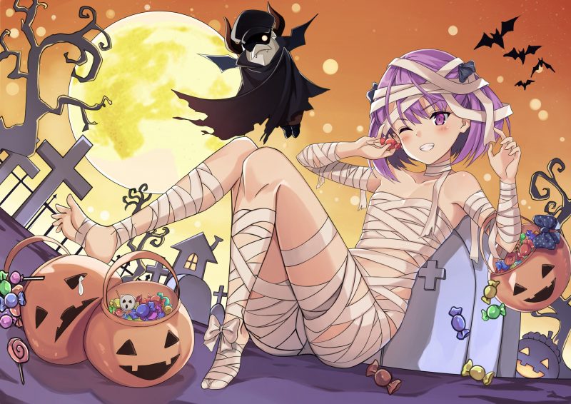 ảnh anime halloween girl tóc tím hóa trang zombie