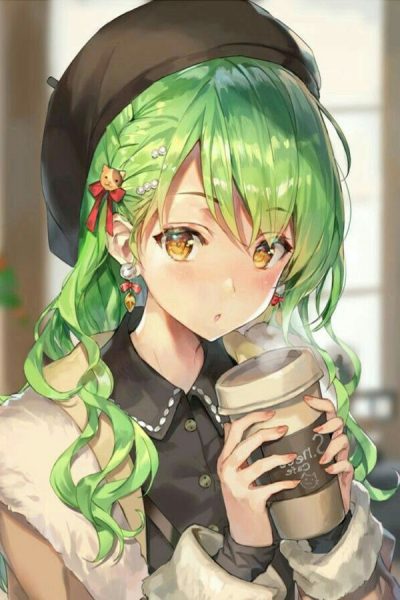 ảnh anime tóc xanh nữ uống cà phê