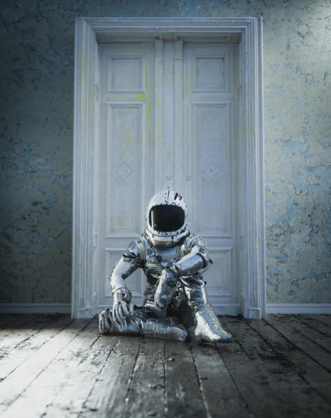 Foto von Astronauten, die vor der Zimmertür sitzen