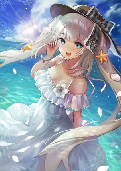 hình ảnh anime nữ tóc bạch kim bãi biển