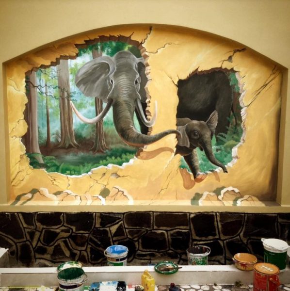 Tranh tường 3D voi con và voi mẹ