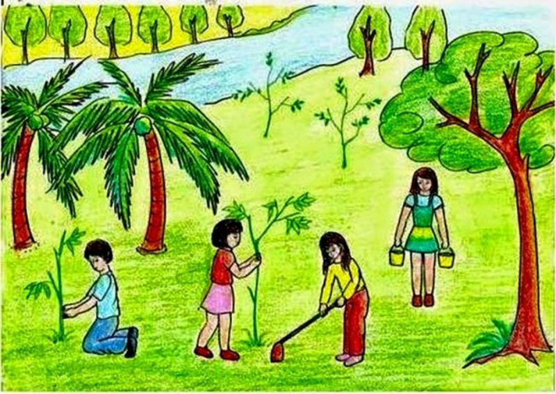 Tranh vẽ bảo vệ môi trường cùng nhau trồng cây
