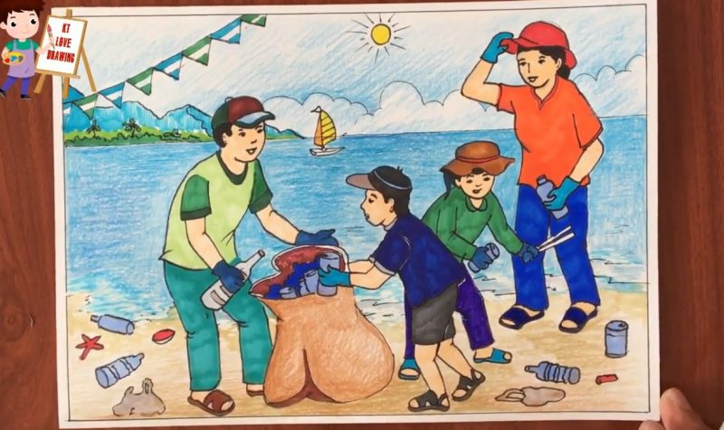 Tranh vẽ bảo vệ môi trường dọn rác ngoài biển
