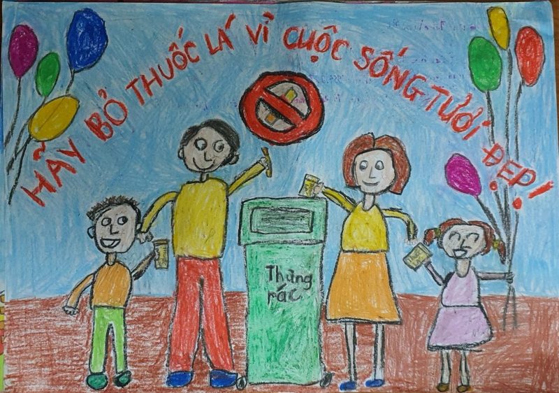 Tranh vẽ cấm hút thuốc lá bỏ thuốc vào thùng rác