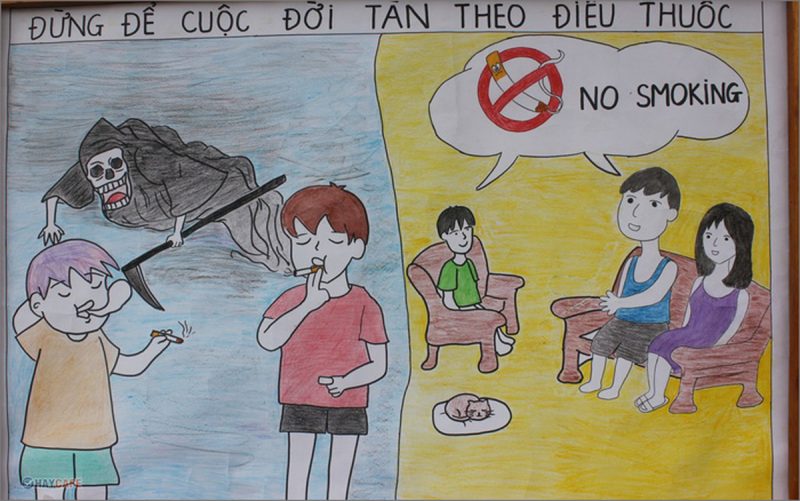 Tranh vẽ đề tài cấm hút thuốc lá đơn giản của học sinh