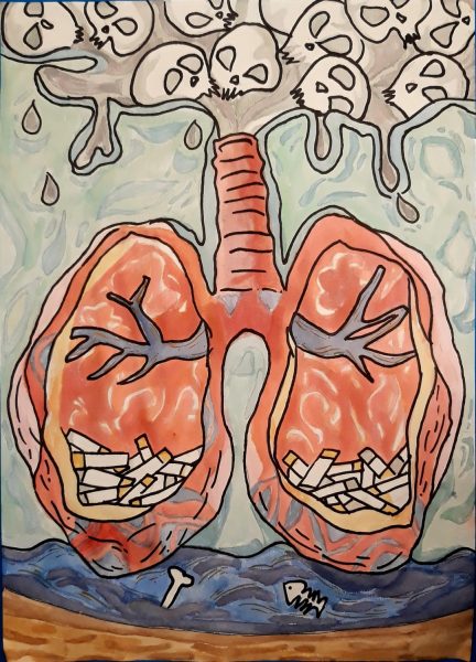 Tranh vẽ đề tài cấm hút thuốc lá lá phổi chứa thuốc