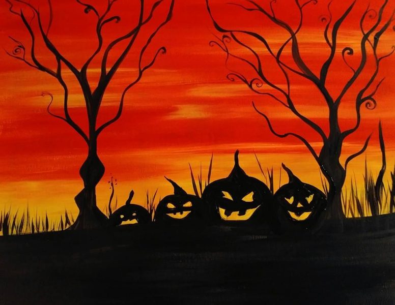 tranh vẽ đề tài halloween bí ngô màu đen