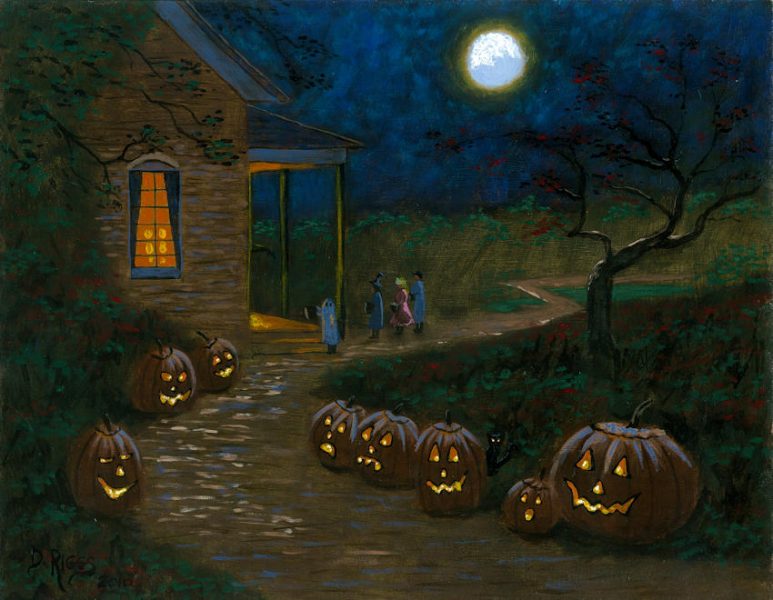 tranh vẽ halloween con đường bí ngô