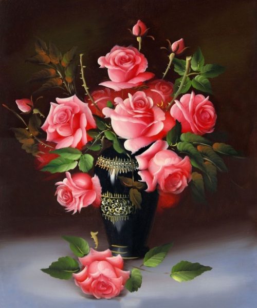 Tranh vẽ hoa hồng cắm đầy trong bình