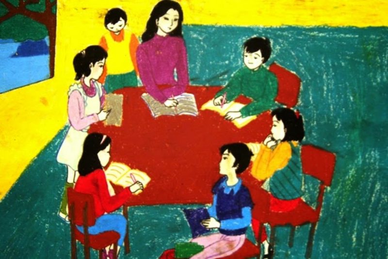Gemälde eines vietnamesischen Lehrers, der Kindern das Lernen beibringt