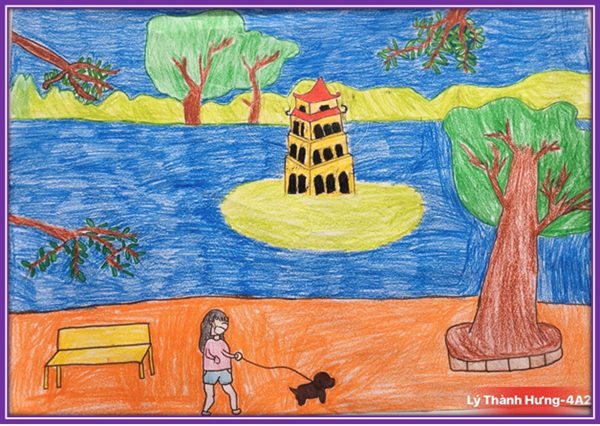 Tranh vẽ phong cảnh Hồ Gươm đơn giản của học sinh