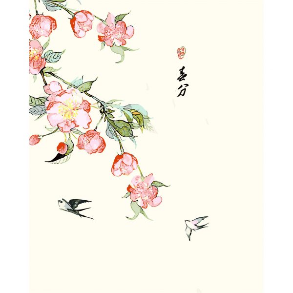 Tranh vẽ thủy mặc cành hoa và chú chim