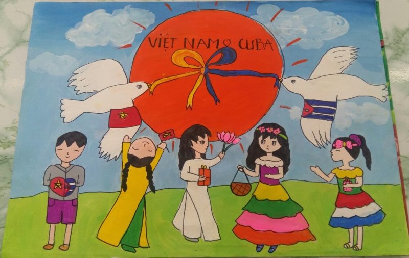 Tranh vẽ tình hữu nghị Việt Nam và Cuba của học sinh