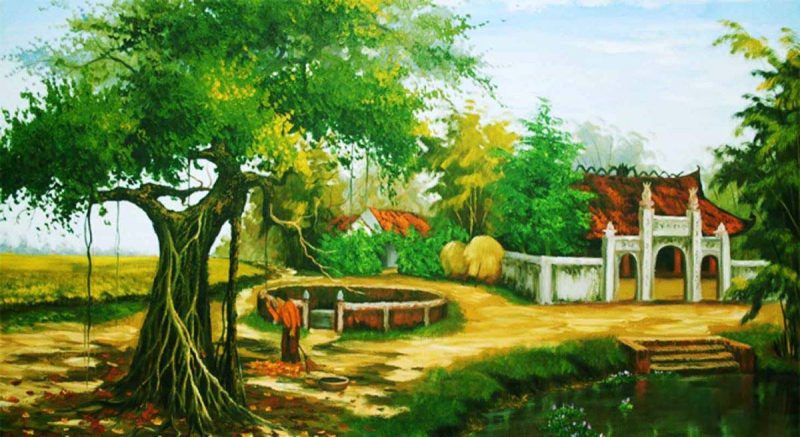 Tranh vẽ tình yêu quê hương đất nước cây đa đầu làng