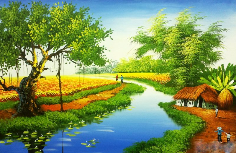 Tranh vẽ tình yêu quê hương đất nước đồng lúa ven sông