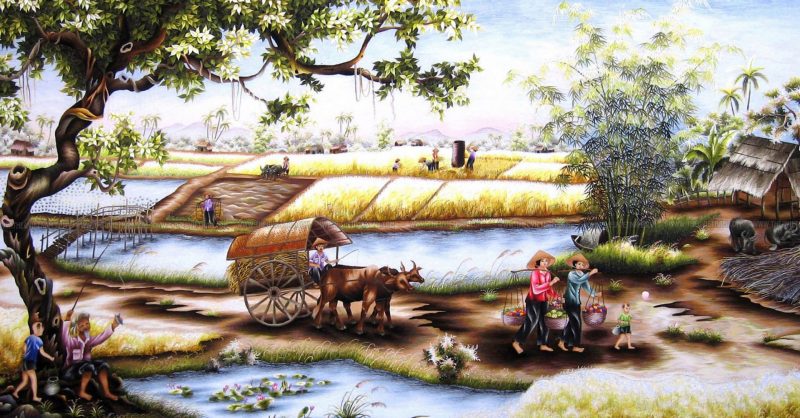 Tranh vẽ tình yêu quê hương đất nước xe ngựa trên đường quê