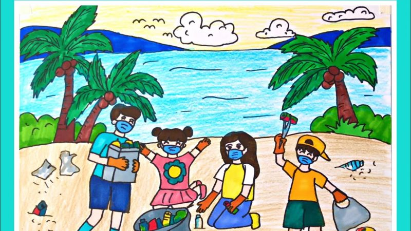 Tranh vẽ vì môi trường tương lai gia đình đi dọn rác biển