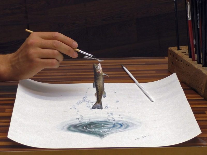 Vẽ tranh 3D chú cá ngoi lên mặt nước