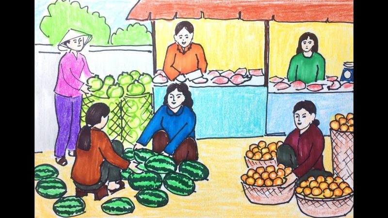 vẽ tranh cuộc sống quanh em chợ quê