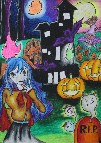 vẽ tranh đề tài halloween bí ngô và ngôi mộ