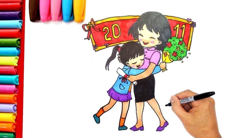 Zeichne ein Bild von einer vietnamesischen Lehrerin, ein Kind umarmt sie