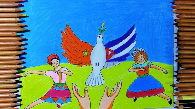 Vẽ tranh đề tài tình hữu nghị Việt Nam và Cuba bằng chì màu