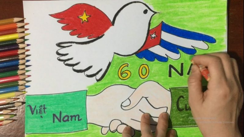 Vẽ tranh đề tài tình hữu nghị Việt Nam và Cuba bằng màu sáp