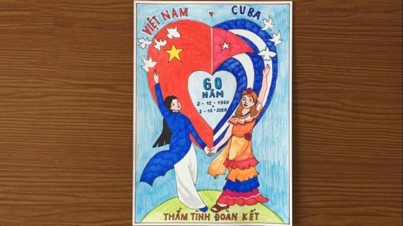 Vẽ tranh đề tài tình hữu nghị Việt Nam và Cuba nắm chặt tay nhau