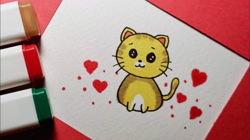 Vẽ tranh dễ thương mèo vàng tình yêu