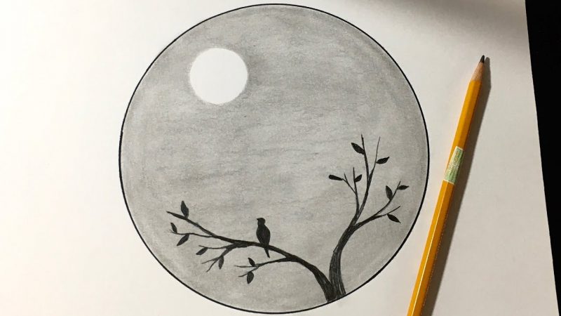 Vẽ tranh đen trắng ánh trăng và cành cây