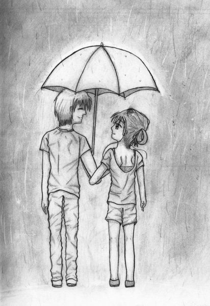 Vẽ tranh đen trắng về tình yêu cặp đôi dưới mưa