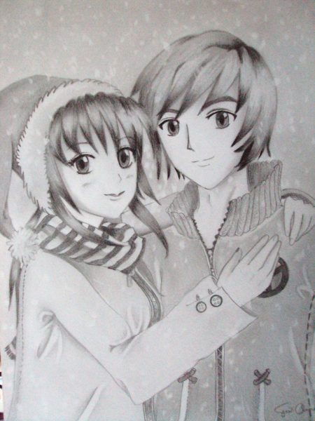 Vẽ tranh đen trắng về tình yêu cặp đôi dưới tuyết