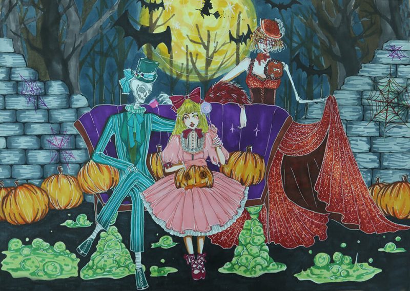 vẽ tranh halloween cô gái trong ngôi nhà ma