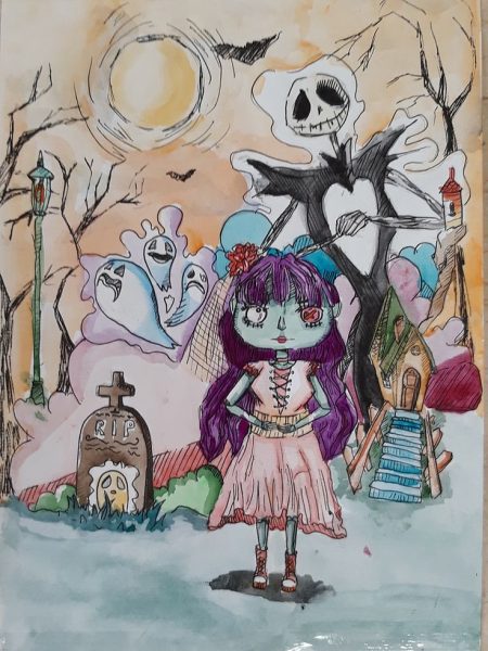 vẽ tranh halloween cô gái và bộ xương